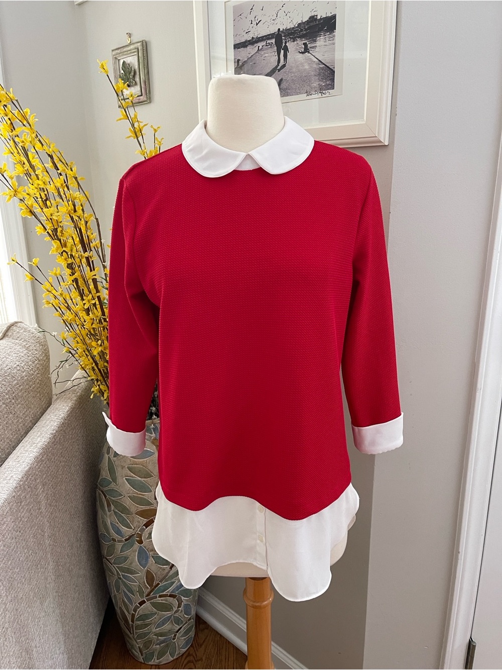 Red & White Layered Collar Blouse Peter Pan Color Shirt